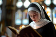 Portrait of Caucasian nun reading bible book in the church