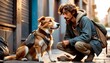 A digitally illustrated man in a contemplative pose kneels to interact with a loyal-looking dog on a city street, suggesting a story of companionship.. AI Generation