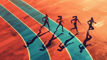 Wall Mural - A group of runners are running on a track with a red and blue background