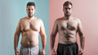 Awesome Before and After Weight Loss Fitness Transformation. Isolated on pastel background