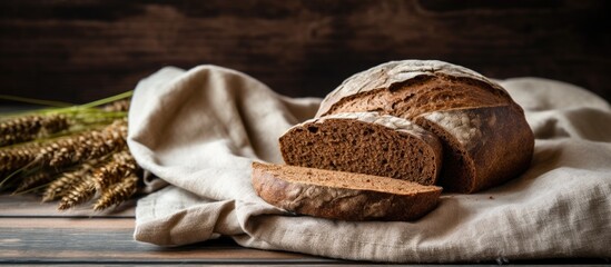 Poster - Loaf of bread on fabric near wheat