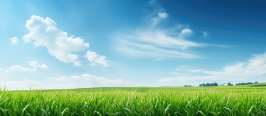 Poster - Green field under blue sky with clouds
