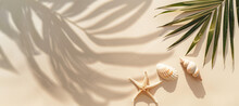 
Top View Of Small Starfish And Two Seashells Lie On An Beige Sand Background, Tropical Leaves Shadows In Minimalistic Style,solid Color Backdrop, Natural Lighting, Serene Summer Scene With Copy Space