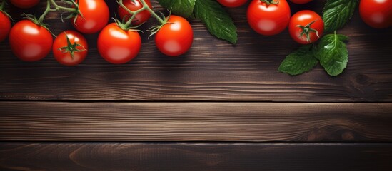 Poster - Fresh tomatoes and basil on rustic wooden table