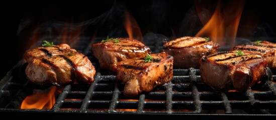 Poster - Flames engulf meat on hot grill