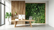 Ein minimalistisches Zen-Home Office mit klaren Linien, Naturholz, weißen Wänden, einfachen, funktionalen Möbeln und einer vertikalen Gartenwand. Generative KI.