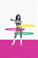 Poster - Creative trend collage of retro female rotate hulahoop sportive lifestyle exercise practicing workout weird freak bizarre unusual fantasy