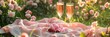 Summer picnic on grass with pink tablecloth, marshmallows, glasses of sparkling cherry wine among fragrant flowers roses in sunny day. Wine tasting, celebrate wedding, copy space. banner. nobody