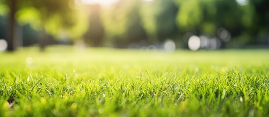 Fototapete - Sunlight filtering through trees onto lush green field