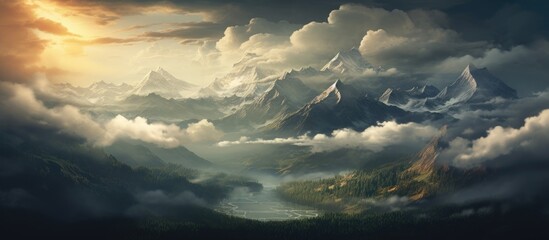 Canvas Print - Mountain range and cloudy sky over flowing river