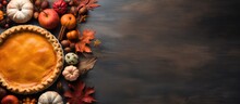 Pumpkin Pie Surrounded By Autumn Foliage And Pumpkins