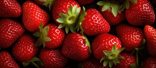 Aufkleber - Closeup of ripe strawberries with green leaves
