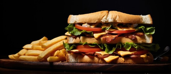 Deluxe sandwich and fries on wooden platter