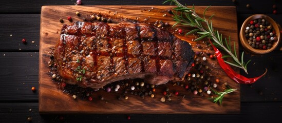 Aufkleber - Grilled beef steak on board with pepper and spices