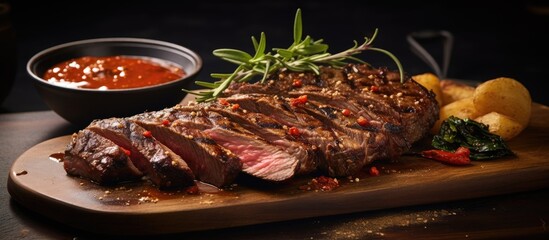 Aufkleber - Grilled Steak on Cutting Board with Sauce Bowl