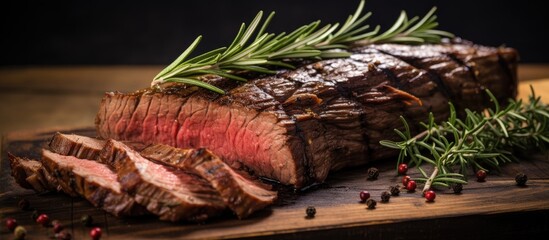 Aufkleber - Grilled flank steak with rosemary on board