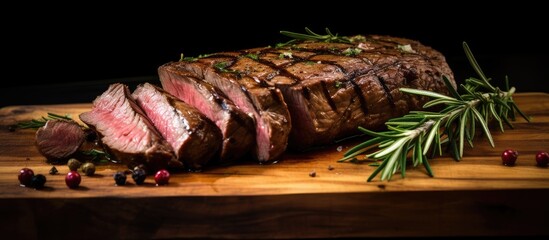 Aufkleber - Sliced steak on wooden board with sprig of rosemary