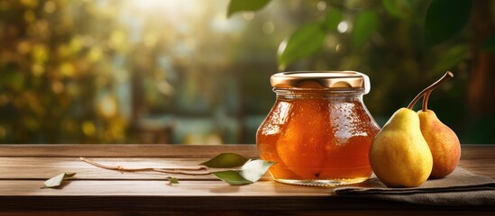 Fototapete - Glass jar of pear preserves on wooden surface