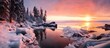 Sunrise over frozen lake with ice-covered ground