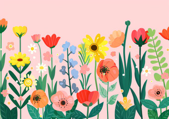 Sticker - Colorful spring flowers border an illustration in the style of a cartoon style vector background design