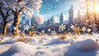 Winterlandschaft Berge mit Schnee und Eis bedeckt, Schneeflocken glitzern in der Luft, warme Sonne Strahlen in goldener Stunde erhellen die winterliche Weihnachten in weiß friedlich ruhig frostig kalt