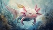 Axolotl underwater, its gills detailed in soft watercolors, creating a serene image against a tranquil, empty backdrop