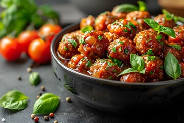 Wall Mural - Blurry background with meatballs in tomato sauce in a black bowl. Concept Food Photography, Blurry Background, Meatballs, Tomato Sauce, Black Bowl