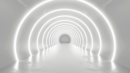 Abstract white tunnel, glowing light ring, futuristic sc-fi style empty room background, abstract modern design, product presentation, branding mockup, illuminated corridor with copy space. 