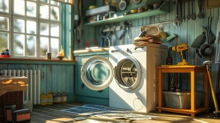 Laundry room equipped with a white front-loading washing machines. Above one of the machines is a window that allows natural light to filter through. An array of items populates the room