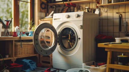 Laundry room equipped with a white front-loading washing machines. Above one of the machines is a window that allows natural light to filter through. An array of items populates the room