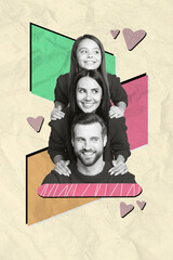 Poster - Vertical collage image of pile stack black white effect cheerful parents daughter heart symbol isolated on paper creative background