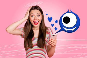 Sticker - Composite collage picture image of afraid shocked female hold gadget monster face show different mood fantasy billboard comics zine minimal