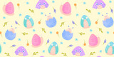 Fototapeta Dziecięca - Easter eggs Seamless pattern, easter snails pattern, watercolor style, spring pattern with flowers and snails, Easter packaging, Cornflowers, spring print for textiles, mint, yellow background