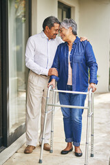 Poster - Couple, happy man and elderly woman with walker in backyard for care, love or bonding . Retirement, male pensioner and senior female person with disability for support, embrace or morning walk