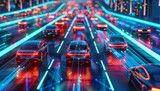 Fototapeta  - Autonomous cars sensor systems for safety of driverless cars. Future adaptive cruise control that senses nearby vehicles and pedestrians. Smart transportation technology.