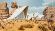 Desert modern architecture with flowing lines amidst rocky terrain. 3D render of innovative structure in desert landscape. 