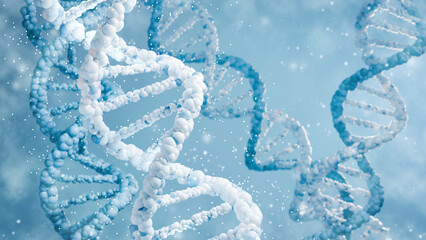 Wall Mural - 3d render of dna strands with light particles. scientific concept of genetics and molecular biology.