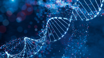 Wall Mural - sparkling dna helix structure in blue and red. high-tech concept of genetic research, bioinformatics