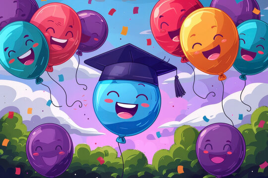 Smiling balloons in graduation cap, happy graduation event, cartoon illustration