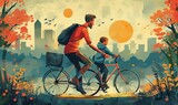 Fototapeta  - Ai illustrazione di una gita in bicicletta padre e figlio 03