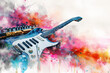 Abstract distressed watercolour painting of an electric guitar and piano keyboard synthesiser for a music poster or flyer, stock illustration image
