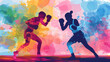 © Tony Baggett - Abstract illustration of female boxers wearing boxing gloves exercising their punching technique for a championship match in a canvas ring, stock illustration image