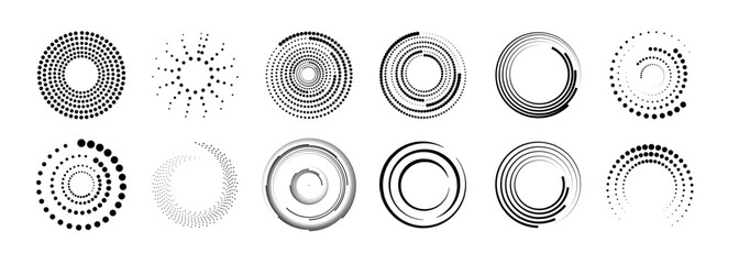 Wall Mural - Halftone circular dotted frames set. Set of black thick halftone dotted speed lines. Speed lines in circle form. Geometric art. Vector