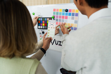 Wall Mural - Close up ux developer and ui designer brainstorming interface wireframe design.Creative digital development agency