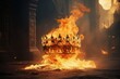Regal crown consumed by flames symbolizing the ascension and decline of a medieval dynasty