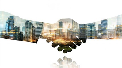 Wall Mural - closeup business handshake double exposure, left hand shop or modern building and right hand computer dashboard isolate on white background 