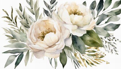 Wall Mural - A painting of two white flowers with green leaves. The painting has a serene and peaceful mood, with the flowers and leaves creating a sense of calmness and tranquility