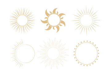 Wall Mural - set golden celestial frames sun, borders, arch line art esoteric minimal decoration with sparkles is