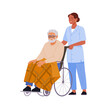 Disabled seniors support. Vector illustration in flat cartoon style of elderly bearded man in a wheelchair and a female nurse helping him. Isolated on trasparent background.