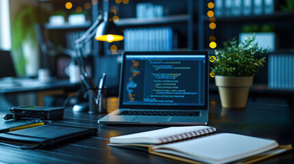 modern home office with laptop and code screen